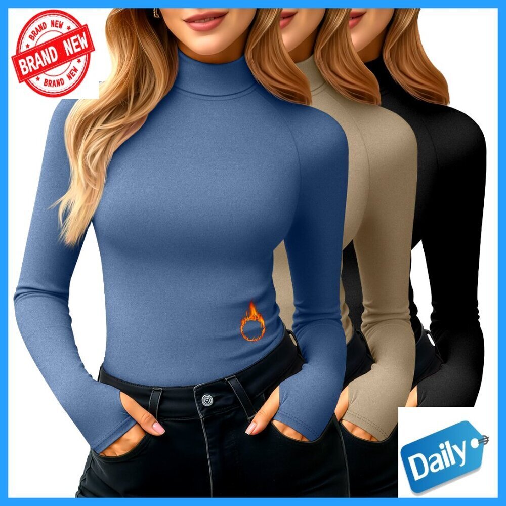 3 Pack Slim Fit Thermal Turtleneck Tops Long Sleeve Base Layer with Thumb Holes